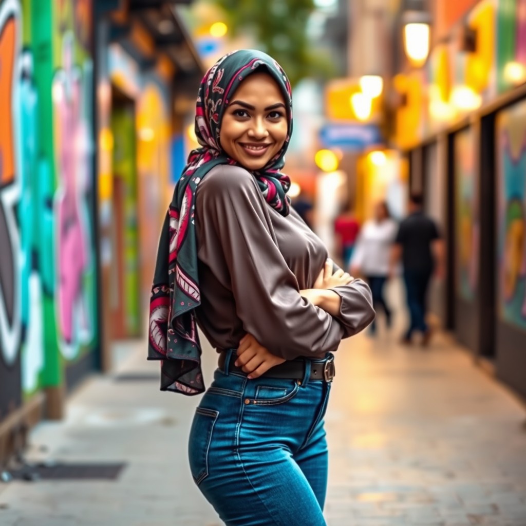 A stylish young woman wearing a colorful and elegant hijab, confidently posing with a cheeky smile
