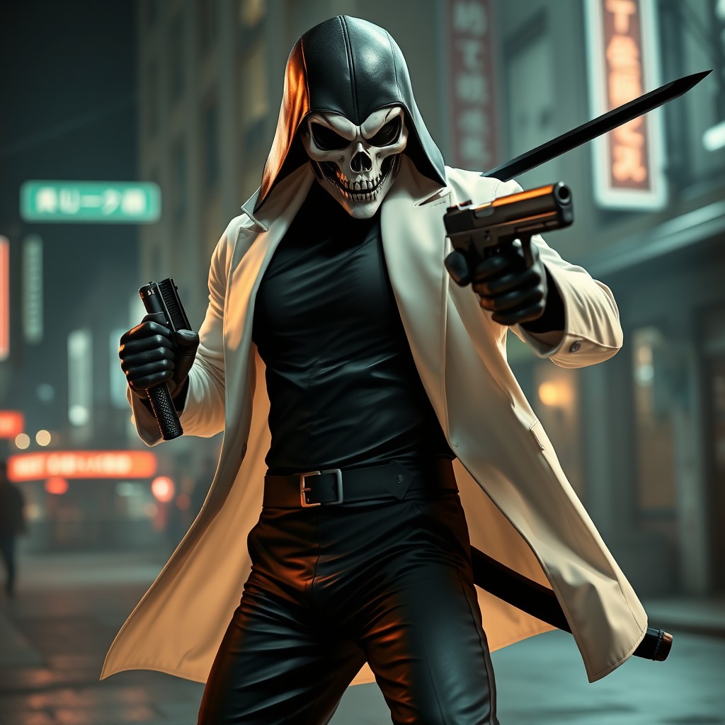 A formidable bounty hunter clad in a sleek black jumpsuit, accentuated by a striking white jacket that flows with his movements
