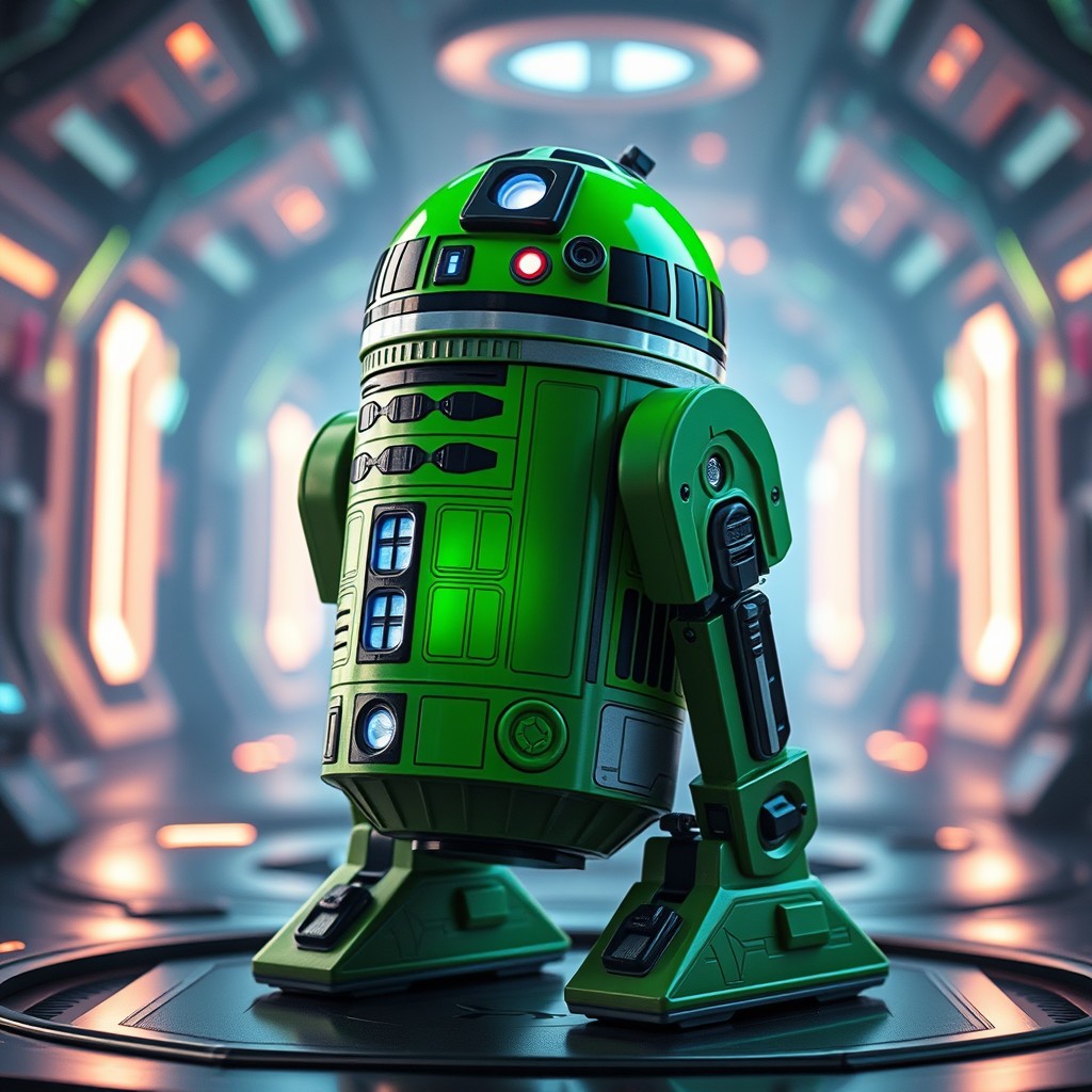 A charming droid inspired by R2-D2, featuring a compact and cylindrical body design