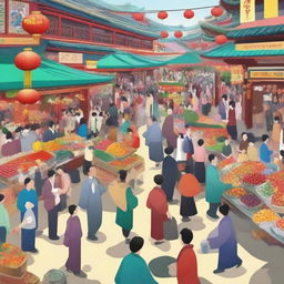 Chinese and Japanese people engaging in a lively and colorful marketplace scene