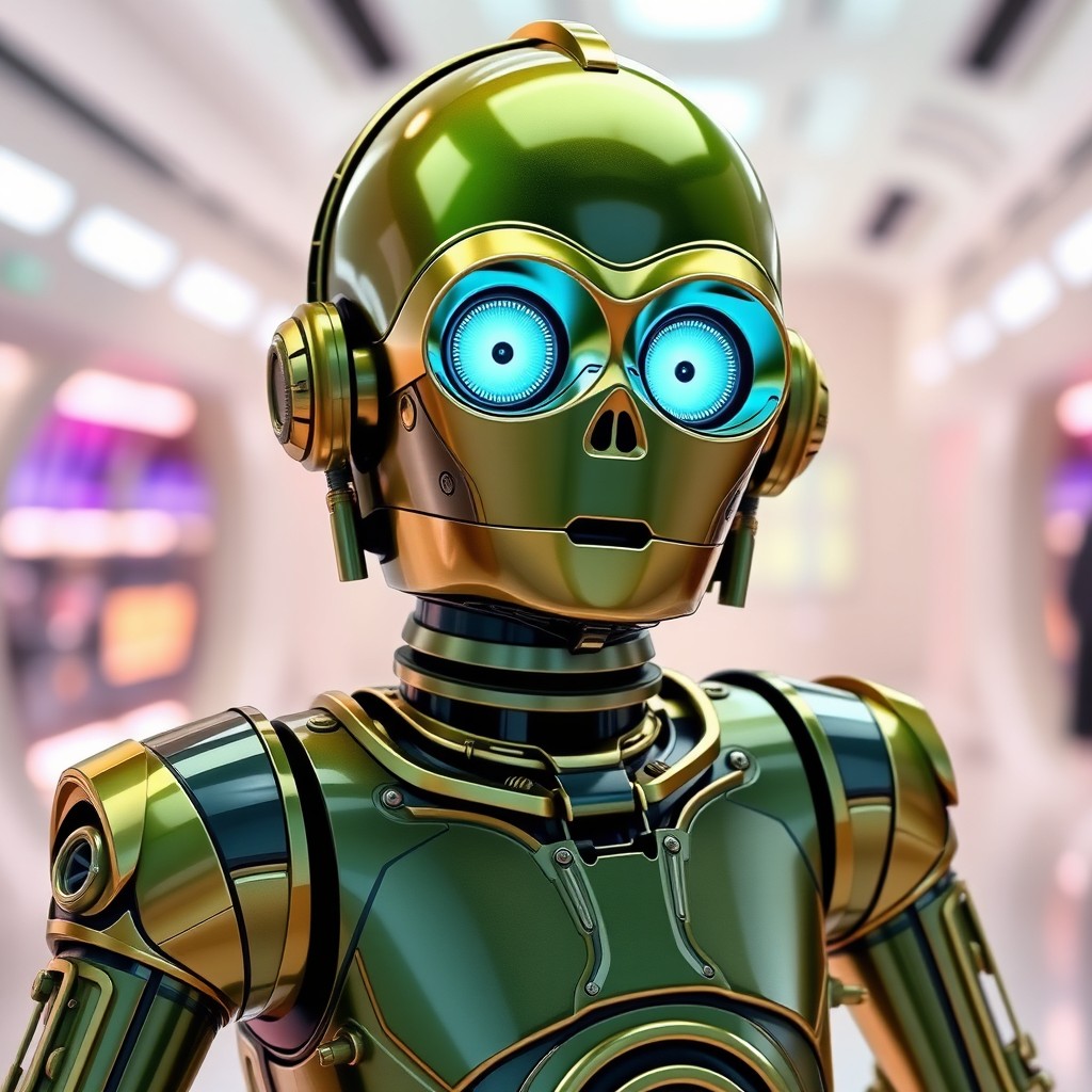 A friendly droid inspired by C-3PO, with a sleek design incorporating vibrant green, deep black, and shiny gold elements