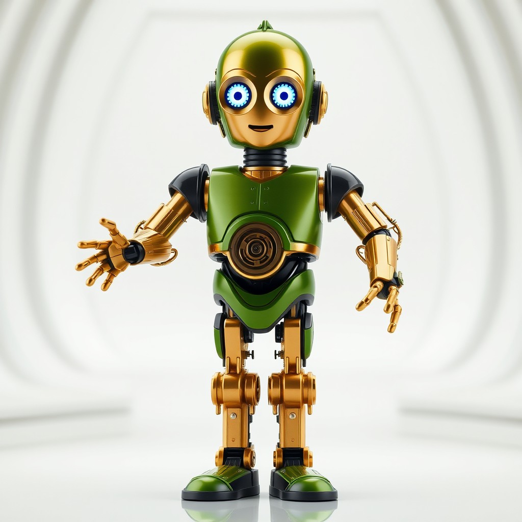 A full-body image of a friendly droid inspired by C-3PO, characterized by a vibrant green, deep black, and glossy gold color scheme