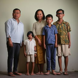 A contemporary Indonesian family portrait showing a 40-year-old man, a 30-year-old woman, and their four children: a 3-year-old boy, a 17-year-old boy, a 13-year-old boy and a 6-year-old girl