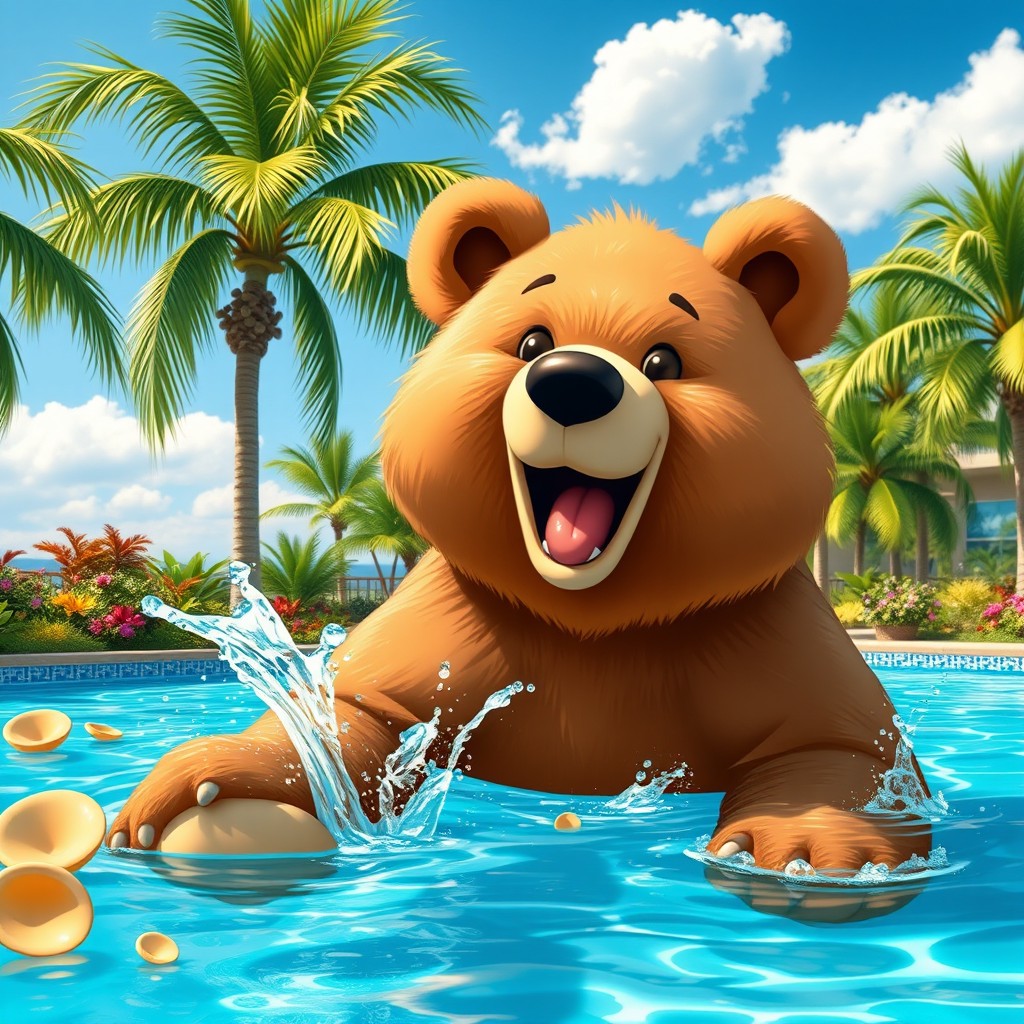 A tranquil scene depicting a large, fluffy bear joyfully swimming in a sparkling blue pool on a sunny day