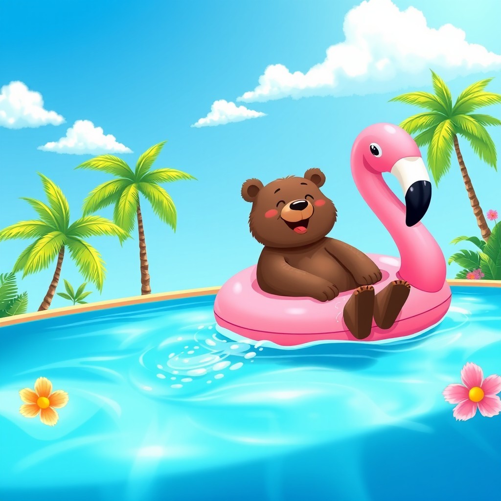 A delightful illustration of a large bear playfully floating on a giant pink flamingo pool float in a bright blue swimming pool