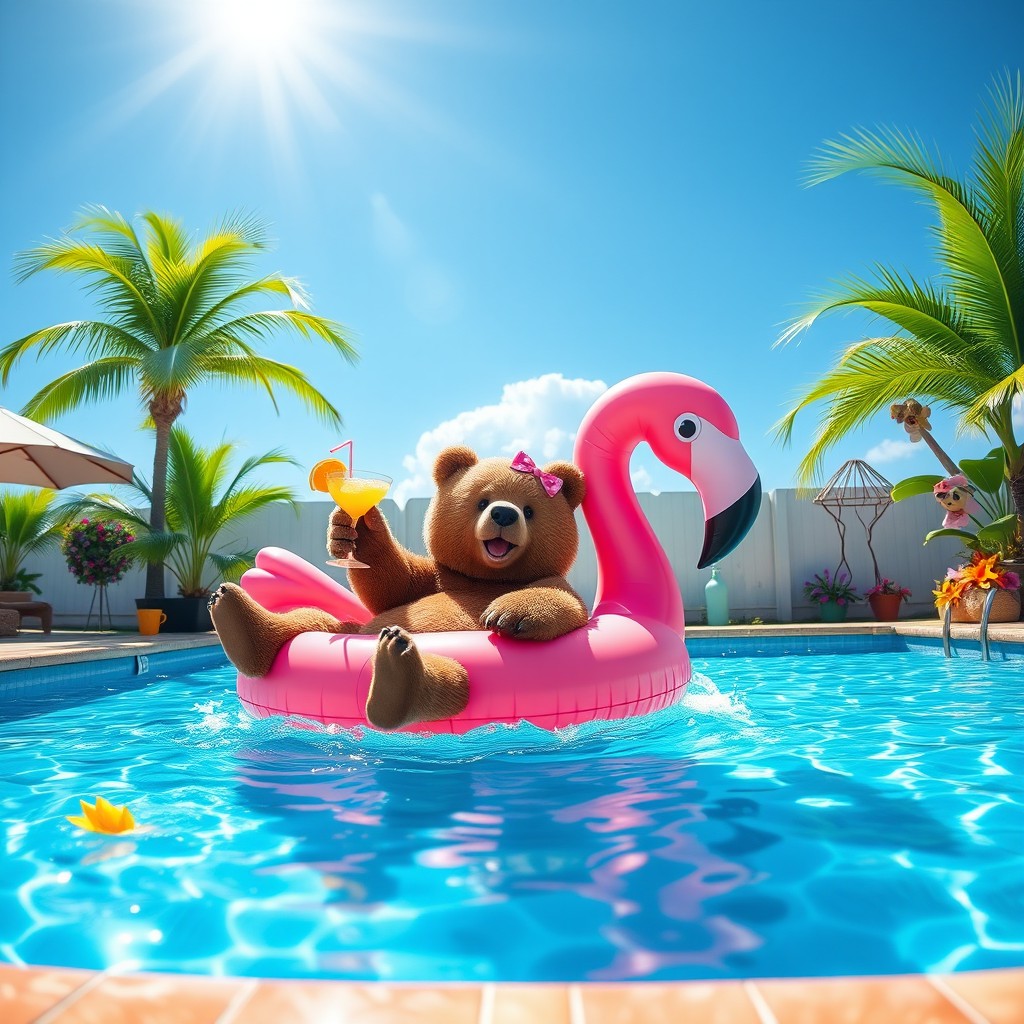 A playful bear enjoying itself while swimming in a sparkling pool, lounging on a giant pink flamingo float