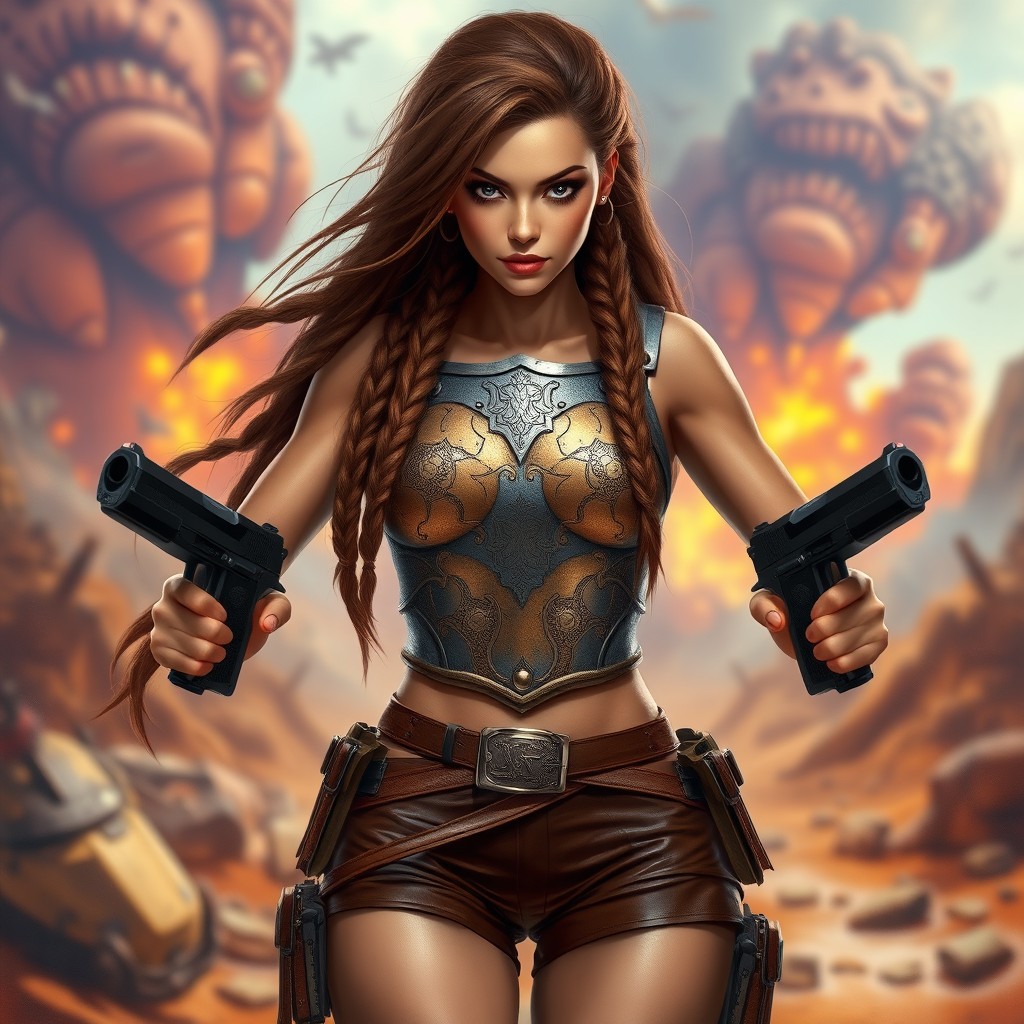 A striking character with long, intricately braided brown hair that cascades down her back