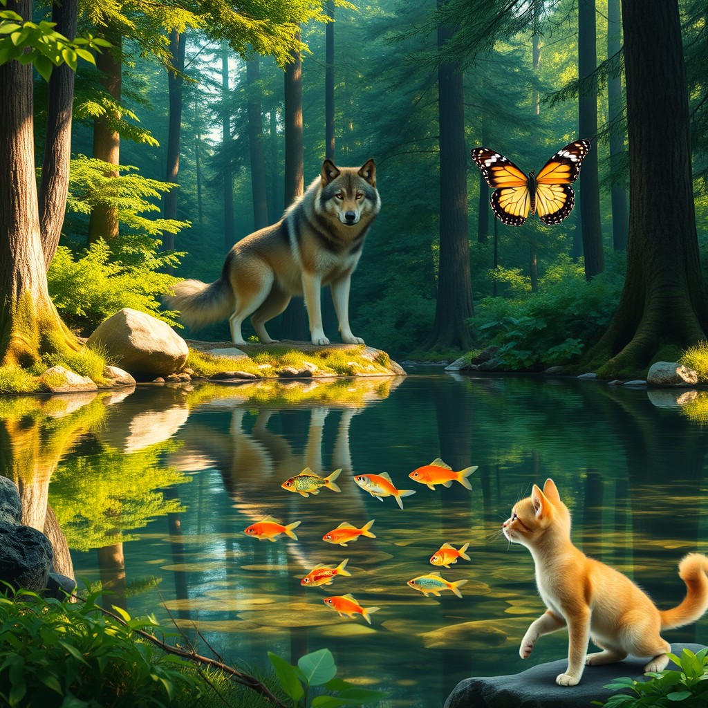 A serene forest landscape in portrait format, featuring a majestic wolf standing confidently among the trees, its fur glistening in the dappled sunlight
