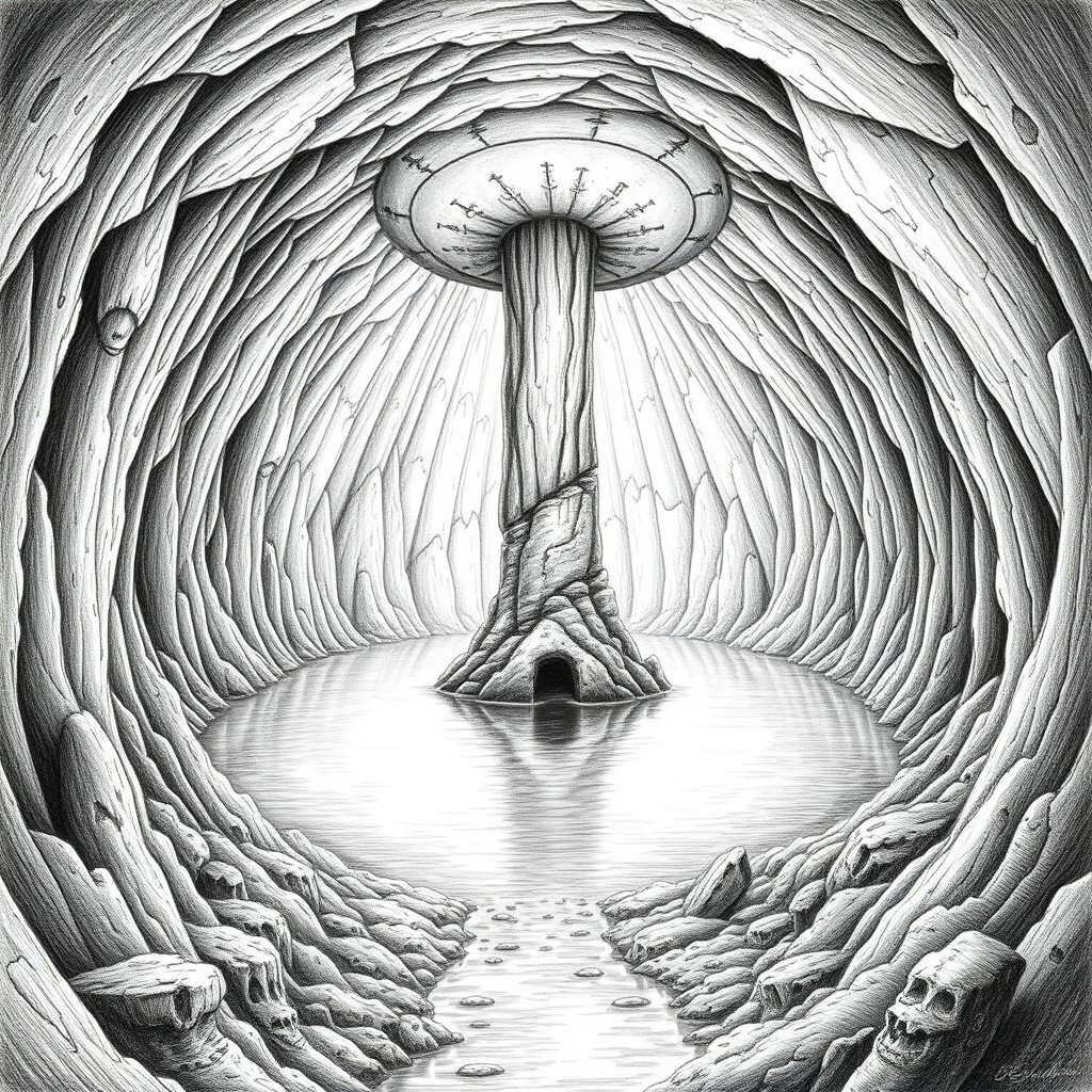 A detailed black and white drawing of a gigantic cavern featuring a large central underground lake