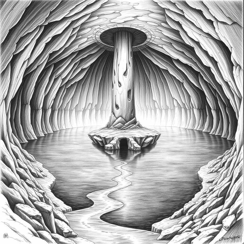 A striking black and white drawing of a gigantic underground lake, situated within an expansive cavern where the walls are barely discernible due to the immense scale