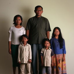 A contemporary Indonesian family portrait showing a 40-year-old man, a 30-year-old woman, and their four children: a 3-year-old boy, a 17-year-old boy, a 13-year-old boy and a 6-year-old girl