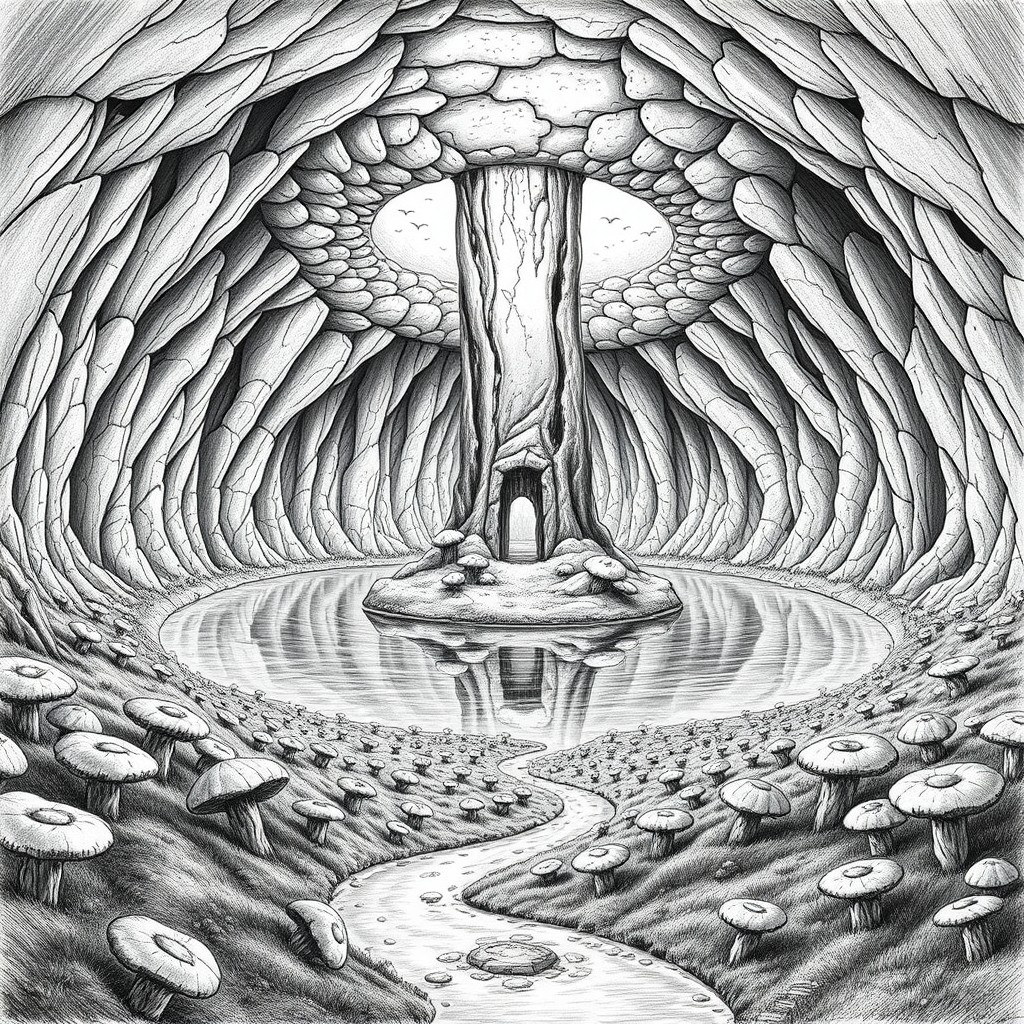 A captivating black and white drawing of a gigantic underground lake, with the lake connected to a river at the front flowing towards the back
