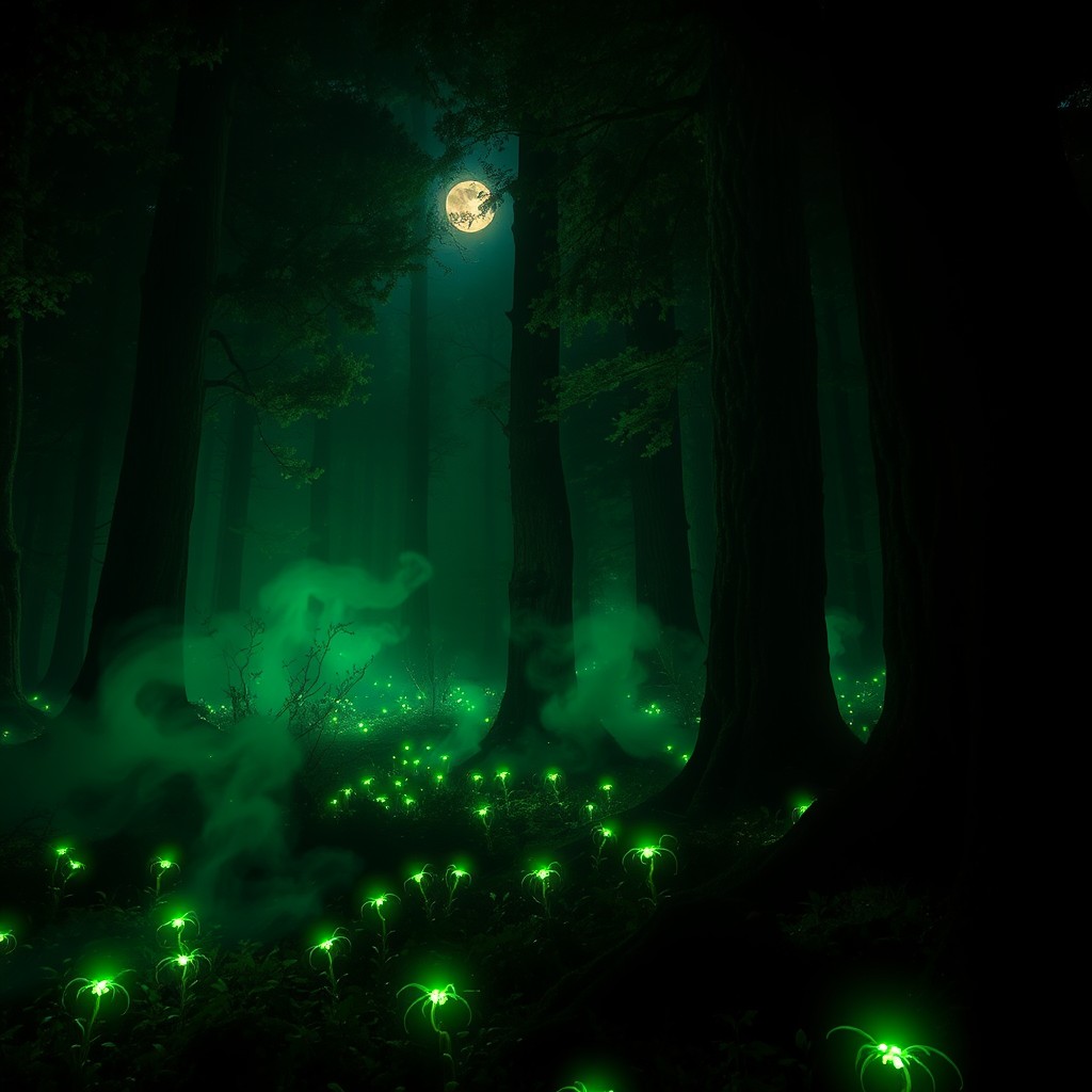 A dark, enchanting forest illuminated by glowing green lights, with towering trees shrouded in shadows, their bark textured and rough