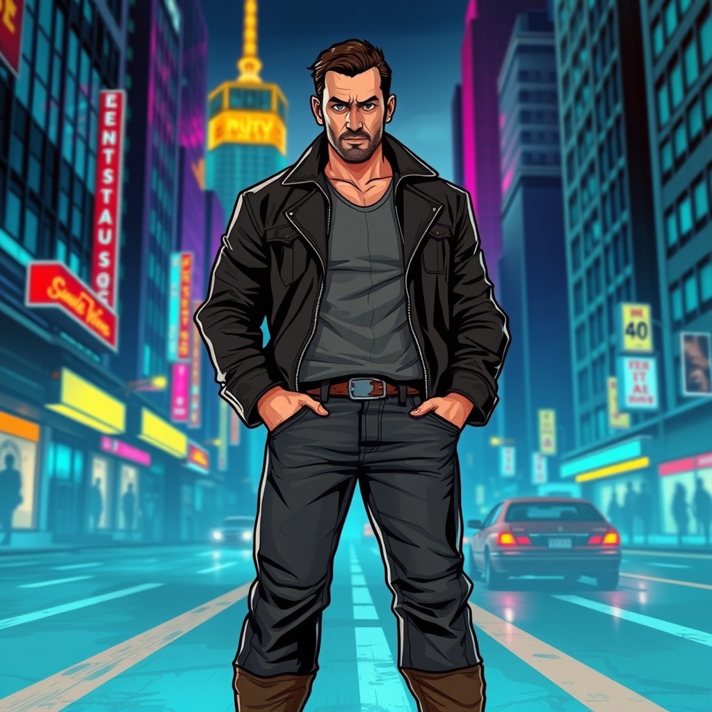 A digital illustration of a rugged, muscular Eastern European man resembling Niko Bellic from Grand Theft Auto IV, standing confidently in a bustling urban environment