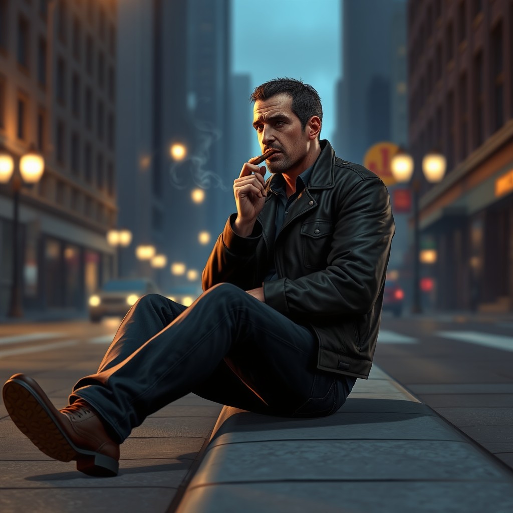 A realistic portrayal of Niko Bellic, the central character from Grand Theft Auto IV, sitting on a city street at dusk, casually smoking a cigar