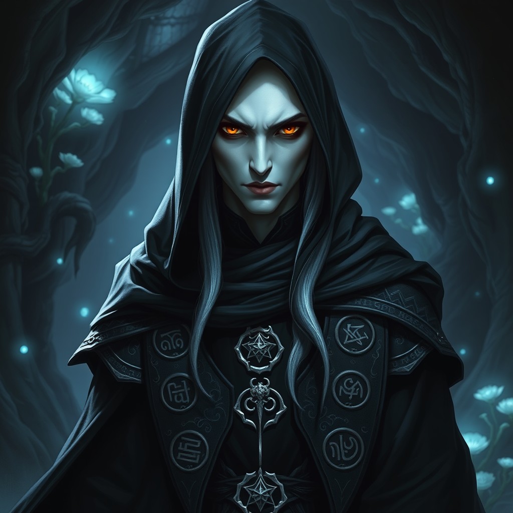 An albino drow mage standing in a powerful stance, draped in a flowing black hood that conceals part of his face, contributing to his enigmatic aura