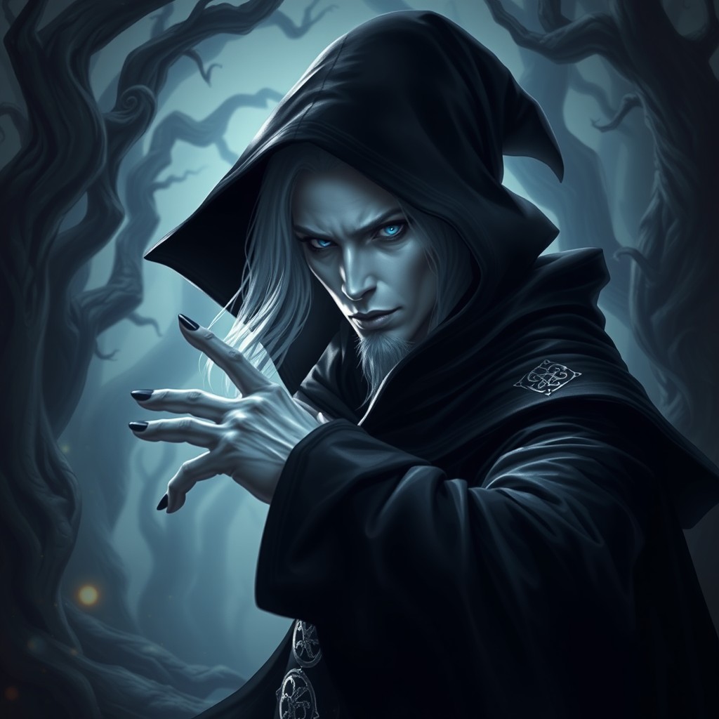 An albino drow mage striking a powerful pose, his pale skin glowing against the deep shadows surrounding him