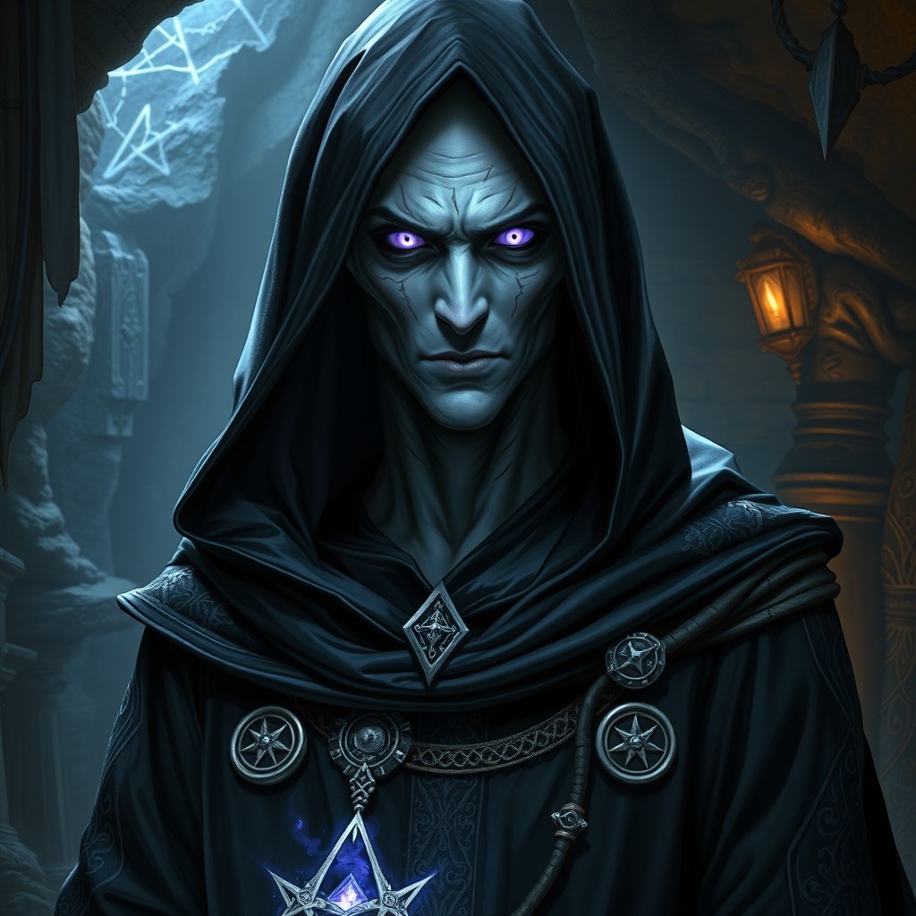 A drow mage with striking albino skin, standing confidently, adorned in a flowing black hood that casts a dramatic shadow over his face