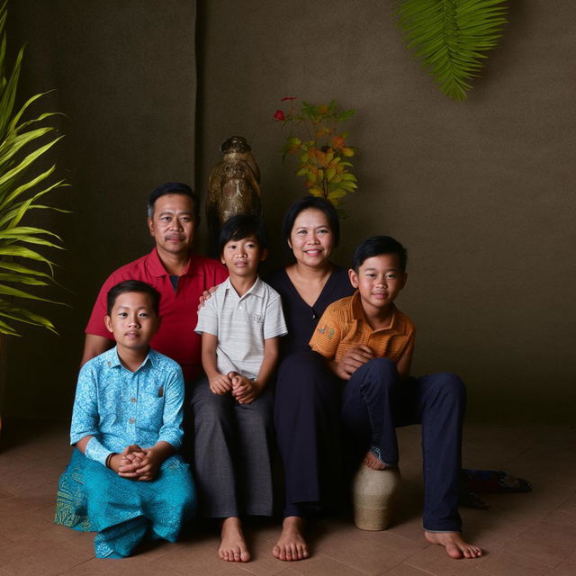 A contemporary Indonesian family portrait showing a 40-year-old man, a 30-year-old woman, and their four children: a 3-year-old boy, a 17-year-old boy, a 13-year-old boy and a 6-year-old girl