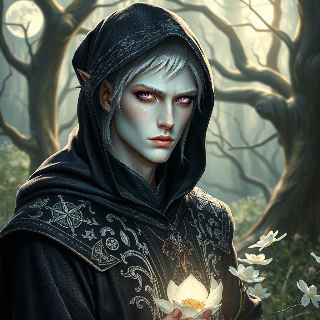 A male elf mage with striking albino features, radiating elegance and power