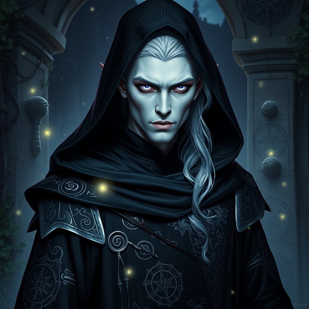 A male dark elf mage with striking albino features, exuding an aura of mystery and power