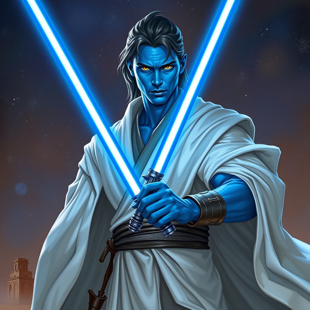 A tall character with striking blue skin and piercing yellow eyes, exuding a powerful and enigmatic aura