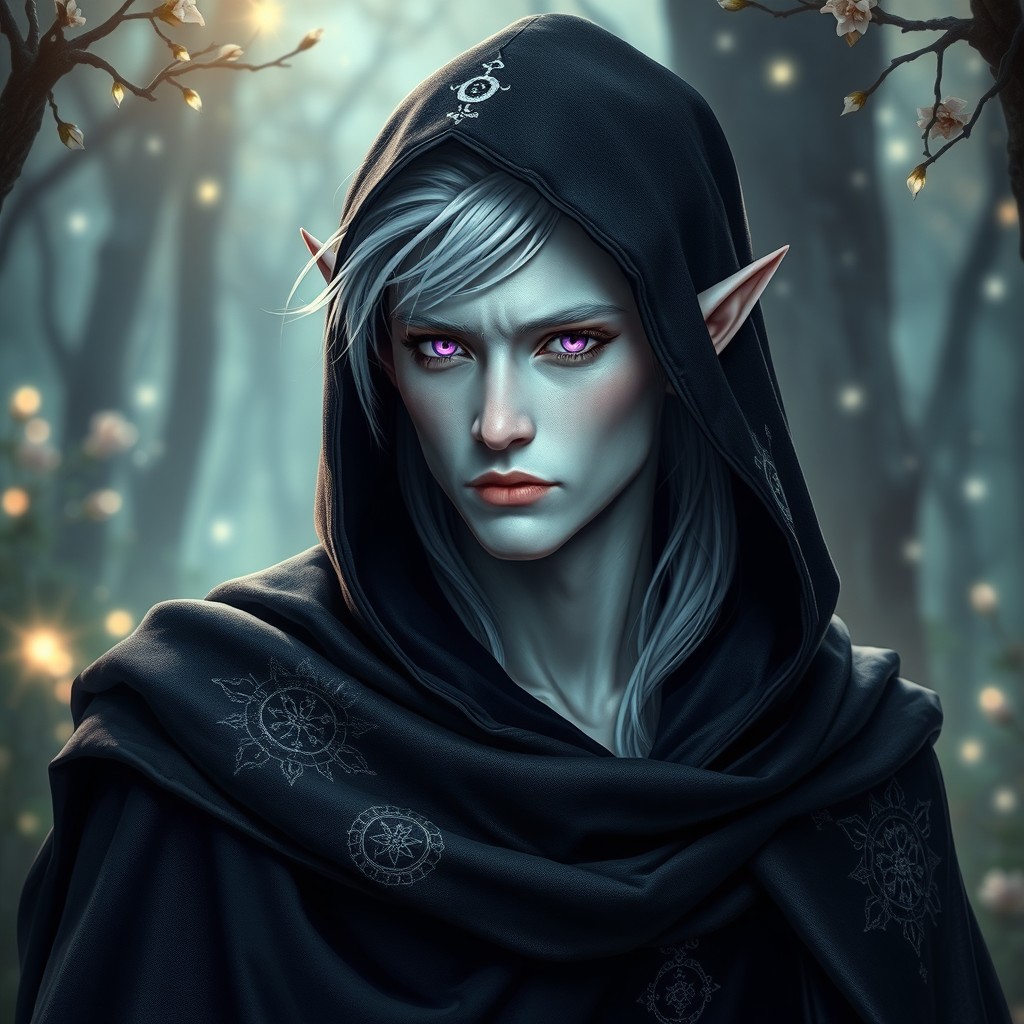 A male elf with striking albino skin, showcasing an ethereal beauty and grace