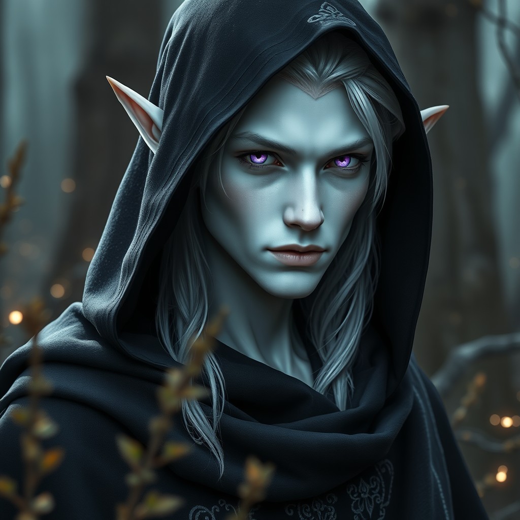 A male elf with striking albino skin, exuding grace and mystique