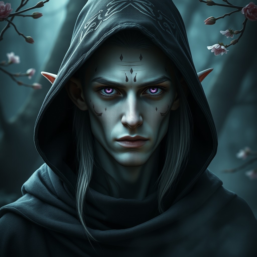 A male elf with striking albino skin and distinctive scars that tell tales of past battles