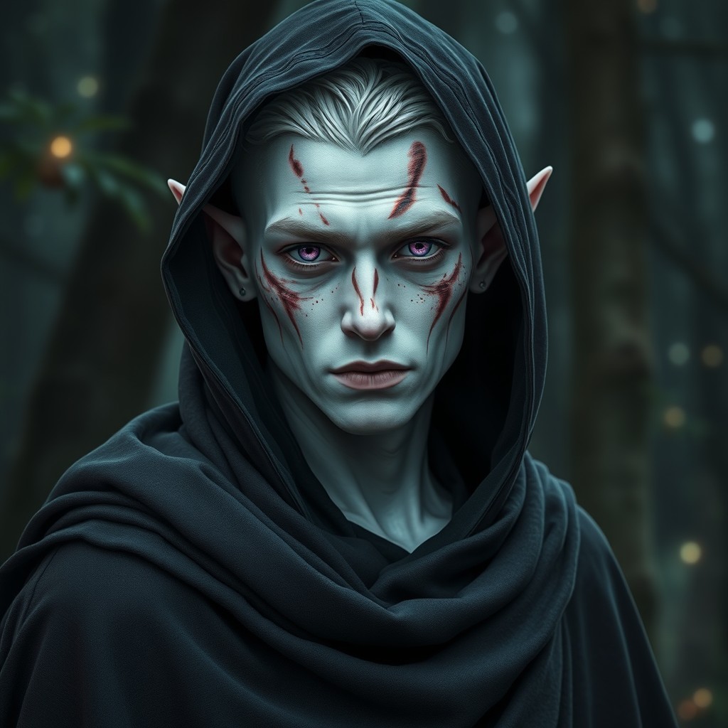 A male elf with striking albino skin, marked with distinct burns that tell a story of survival and resilience