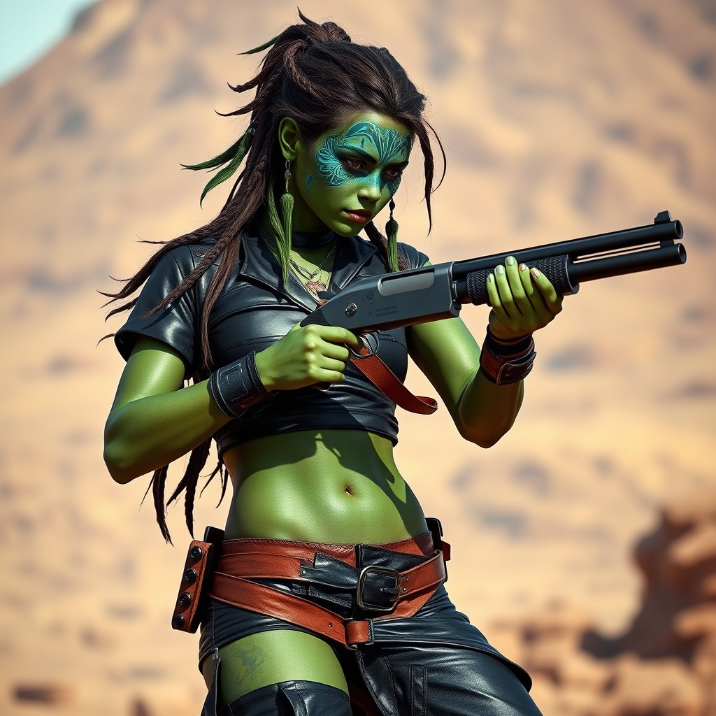 A flexible young woman with captivating green and turquoise skin adorned with intricate blue patterns on her face, showcasing her unique heritage