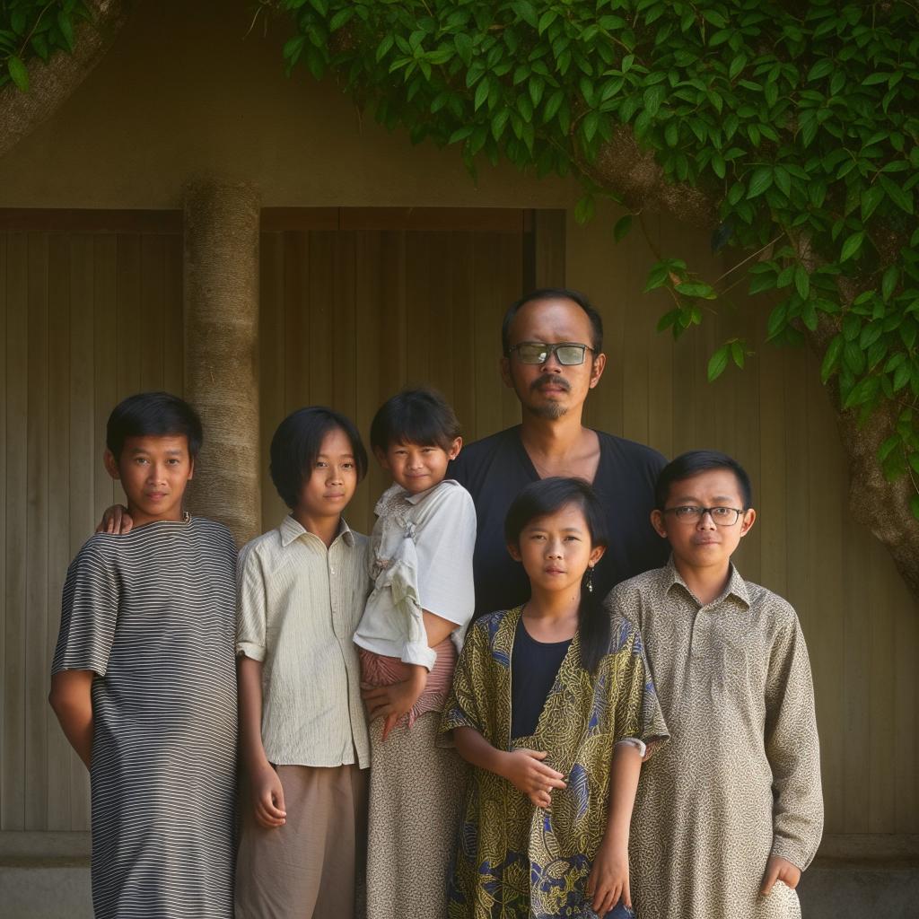 A contemporary Indonesian family portrait showing a 40-year-old man, a 30-year-old woman, and their four children: a 3-year-old boy, a 17-year-old boy, a 13-year-old boy and a 6-year-old girl