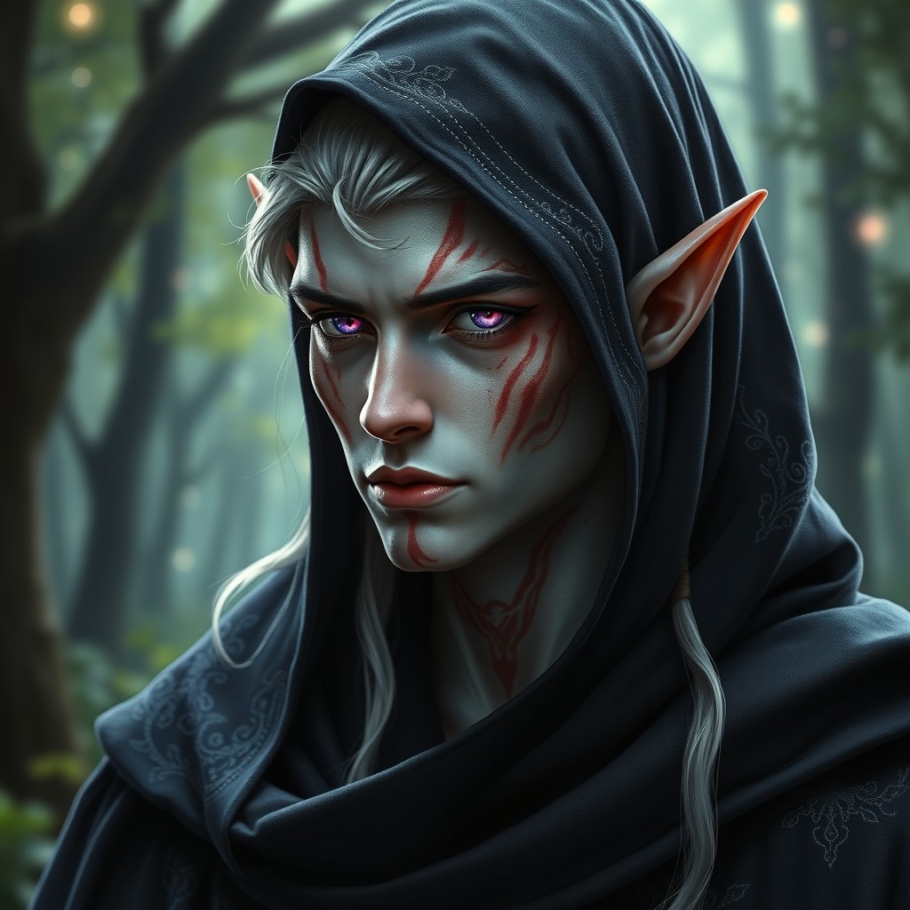A male elf with striking albino skin, featuring unique burns that tell a story of resilience and survival