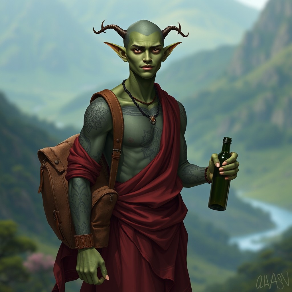 A compassionate man with distinctive head tails, boasting a unique green and black skin tone that highlights his extraterrestrial or fantasy heritage