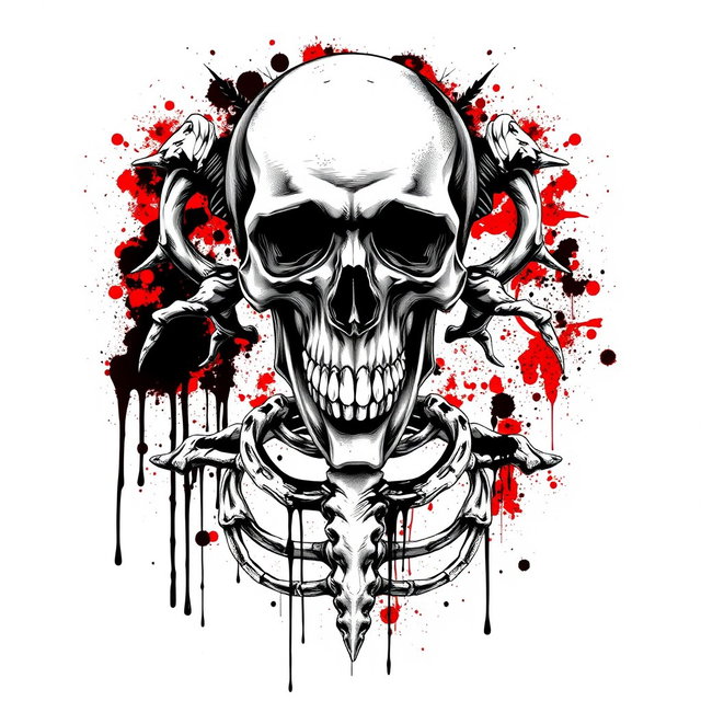 A striking T-shirt design featuring a detailed skeletal figure and skull, complemented by artistic blood splatter effects