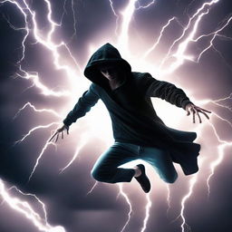 A man in a black hoodie, soaring high above with wings made of pulsating lightning energy. He aggressively executes a thousand lightning-inspired movements amidst a stormy backdrop.