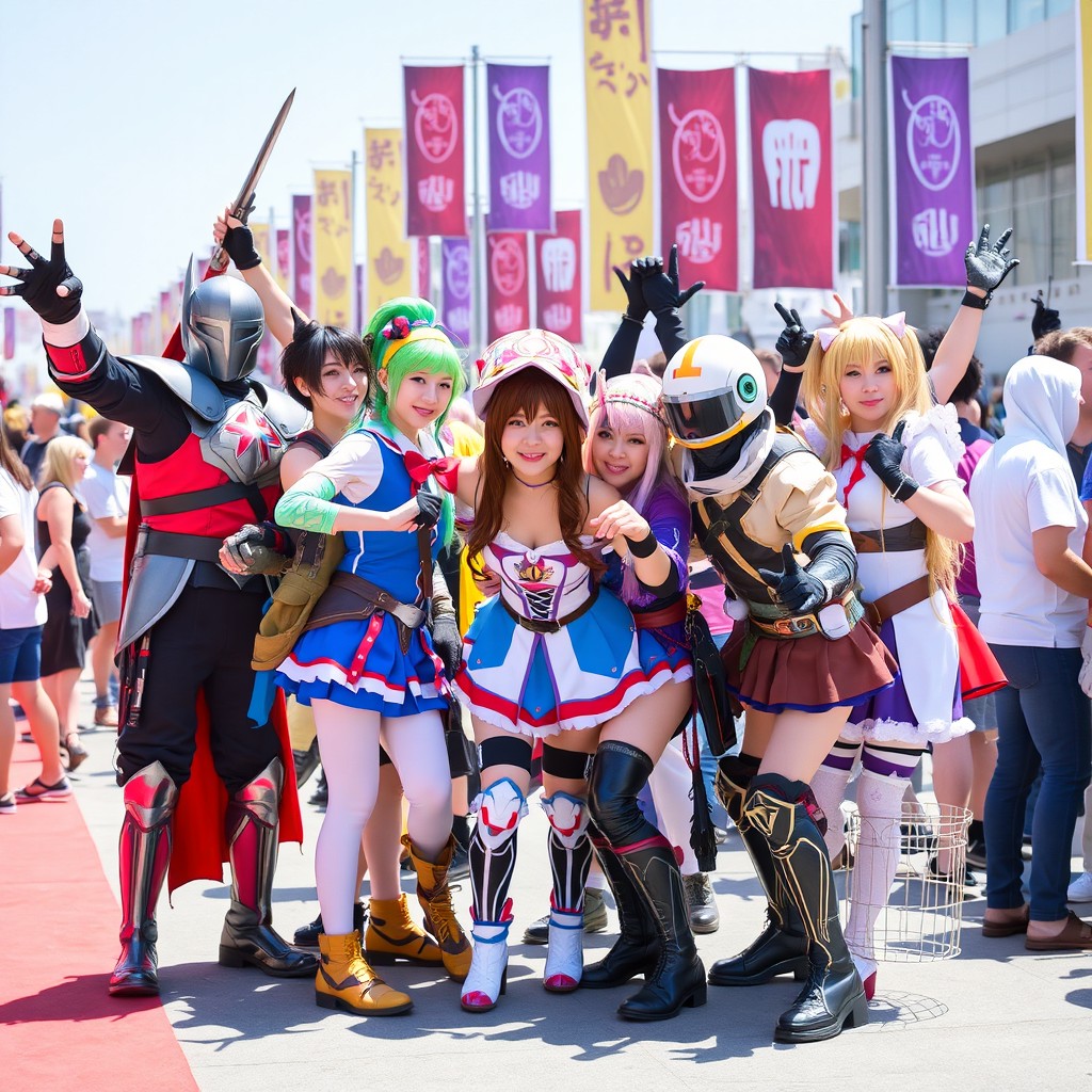 A vibrant and energetic cosplay scene featuring a diverse group of cosplayers