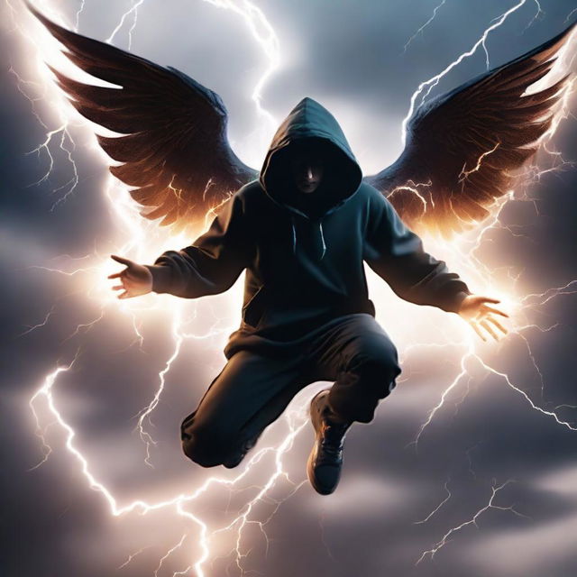 A man in a black hoodie, soaring high above with wings made of pulsating lightning energy. He aggressively executes a thousand lightning-inspired movements amidst a stormy backdrop.