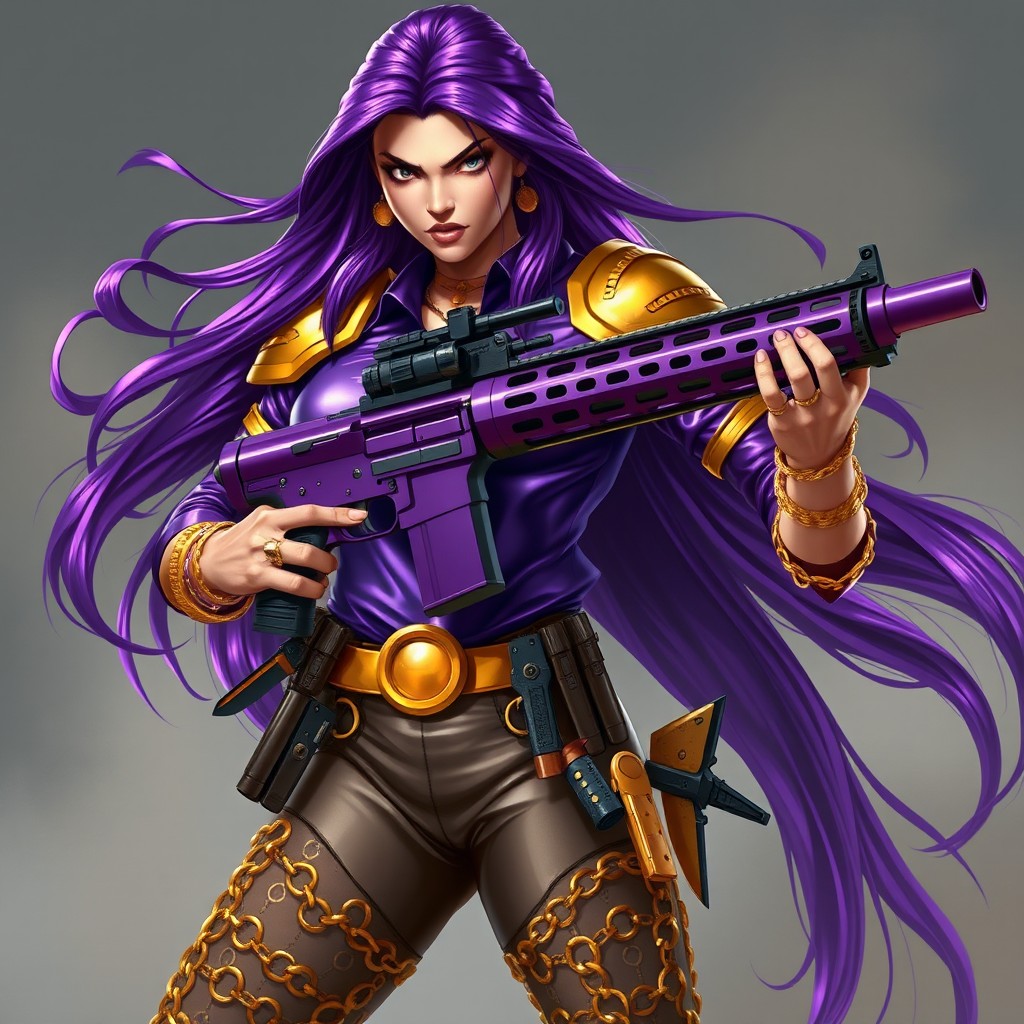 A fierce character with flowing long purple hair that cascades down her back