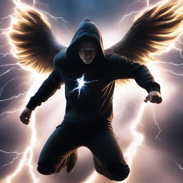 A man in a black hoodie, soaring high above with wings made of pulsating lightning energy. He aggressively executes a thousand lightning-inspired movements amidst a stormy backdrop.