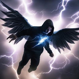 A man in a black hoodie, soaring high above with wings made of pulsating lightning energy. He aggressively executes a thousand lightning-inspired movements amidst a stormy backdrop.