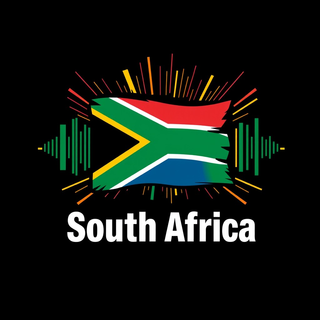 A vibrant and dynamic design featuring the South African flag prominently at the center, with bold, rhythmic and energetic beats represented visually around it