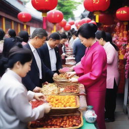 Chinese and Japanese people engaging in a vibrant and active trade scene