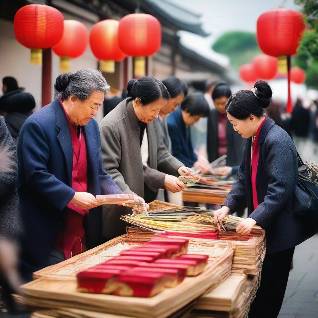 Chinese and Japanese people engaging in a vibrant and active trade scene