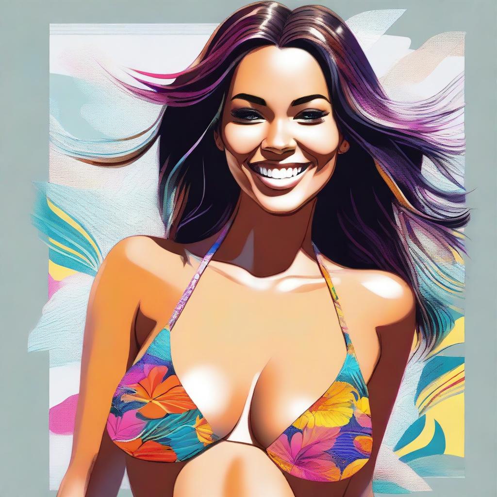 A digital art of a young woman in a stylish bikini, showcasing her voluptuous figure