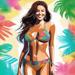 A digital art of a young woman in a stylish bikini, showcasing her voluptuous figure