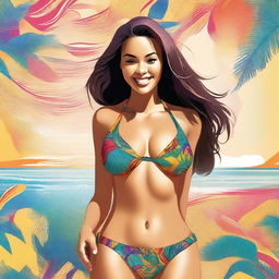 A digital art of a young woman in a stylish bikini, showcasing her voluptuous figure