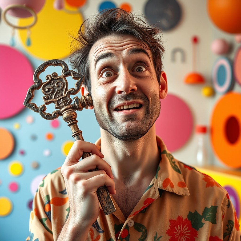 A surreal scene depicting a man humorously inserting a large, decorative key into his ear, showcasing an expression of bewilderment and amusement on his face