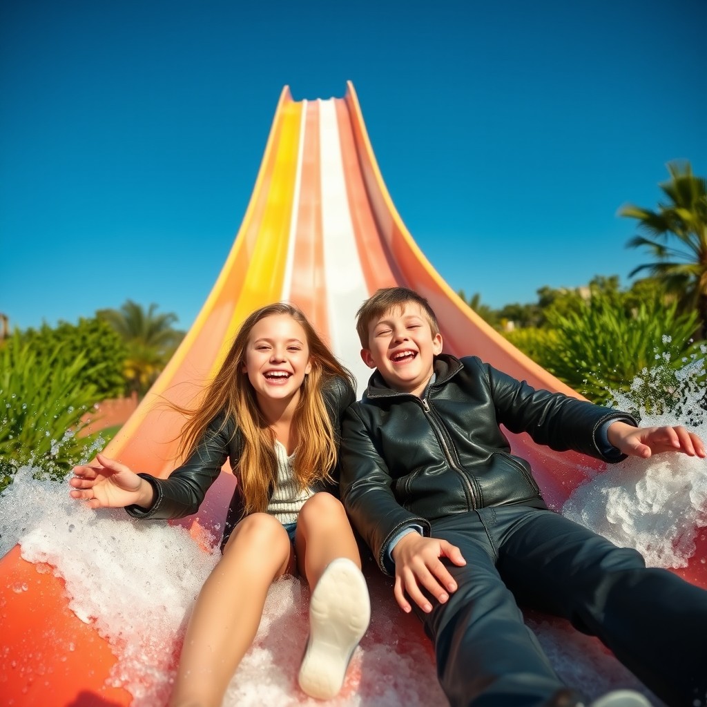 A long, winding water slide extending into the distance, with a girl having light brown hair and a boy wearing a black leather jacket sliding down together in a fun and exciting manner