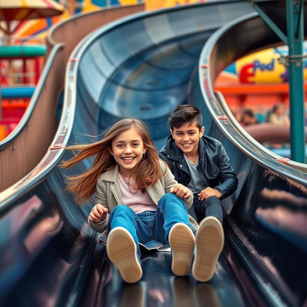 A thrilling amusement park scene featuring a long, spiraling black slide